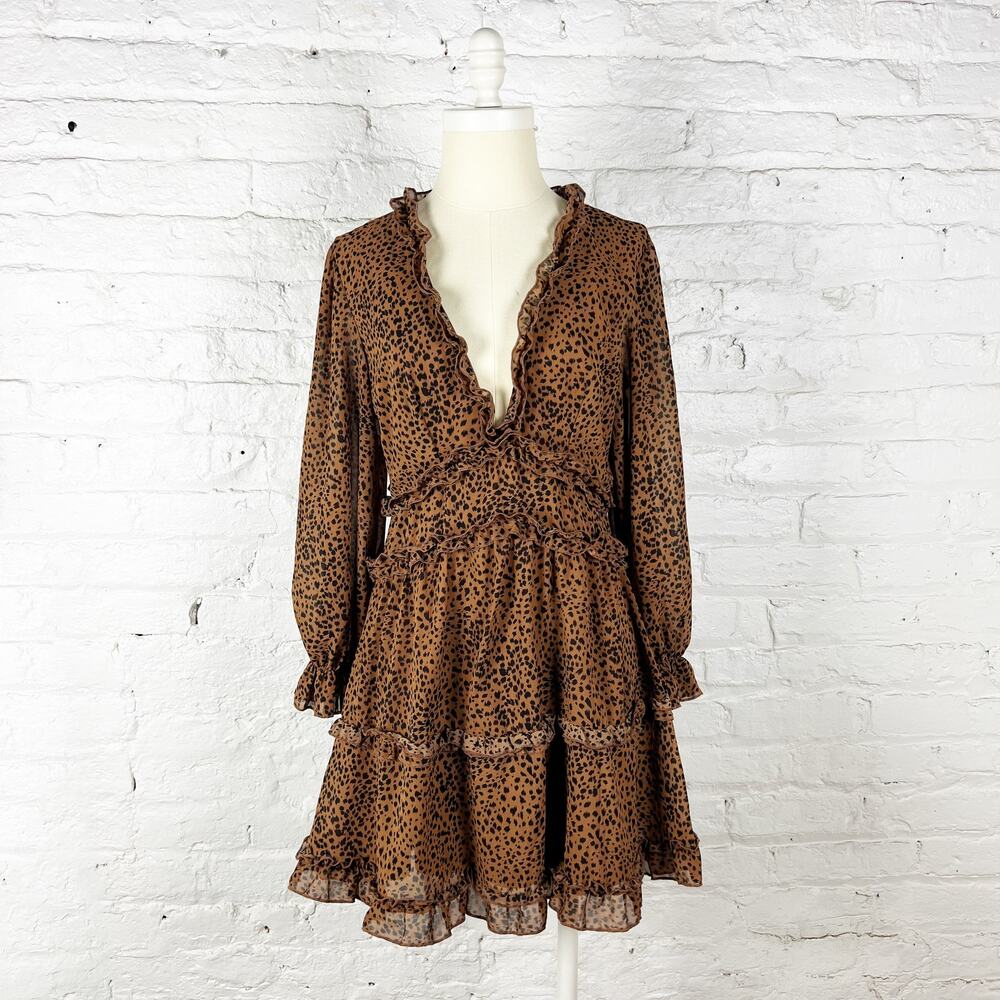 Cheetah print dress brown black tan ruffle accents open back size small